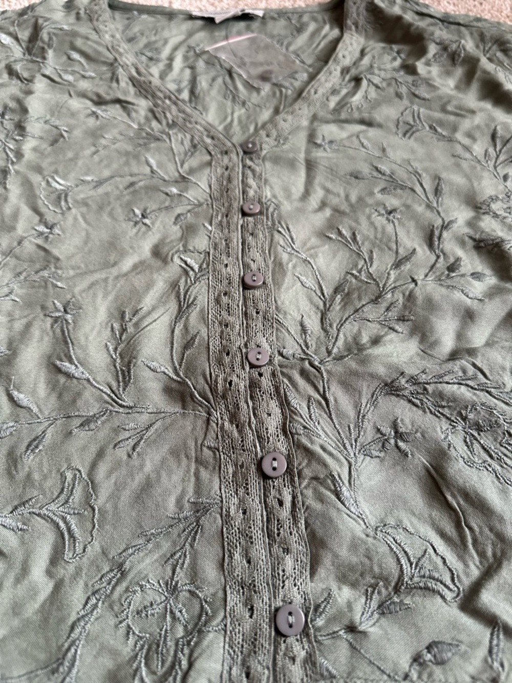 Coldwater Creek Olive Green Embroidered Button-Down Blouse